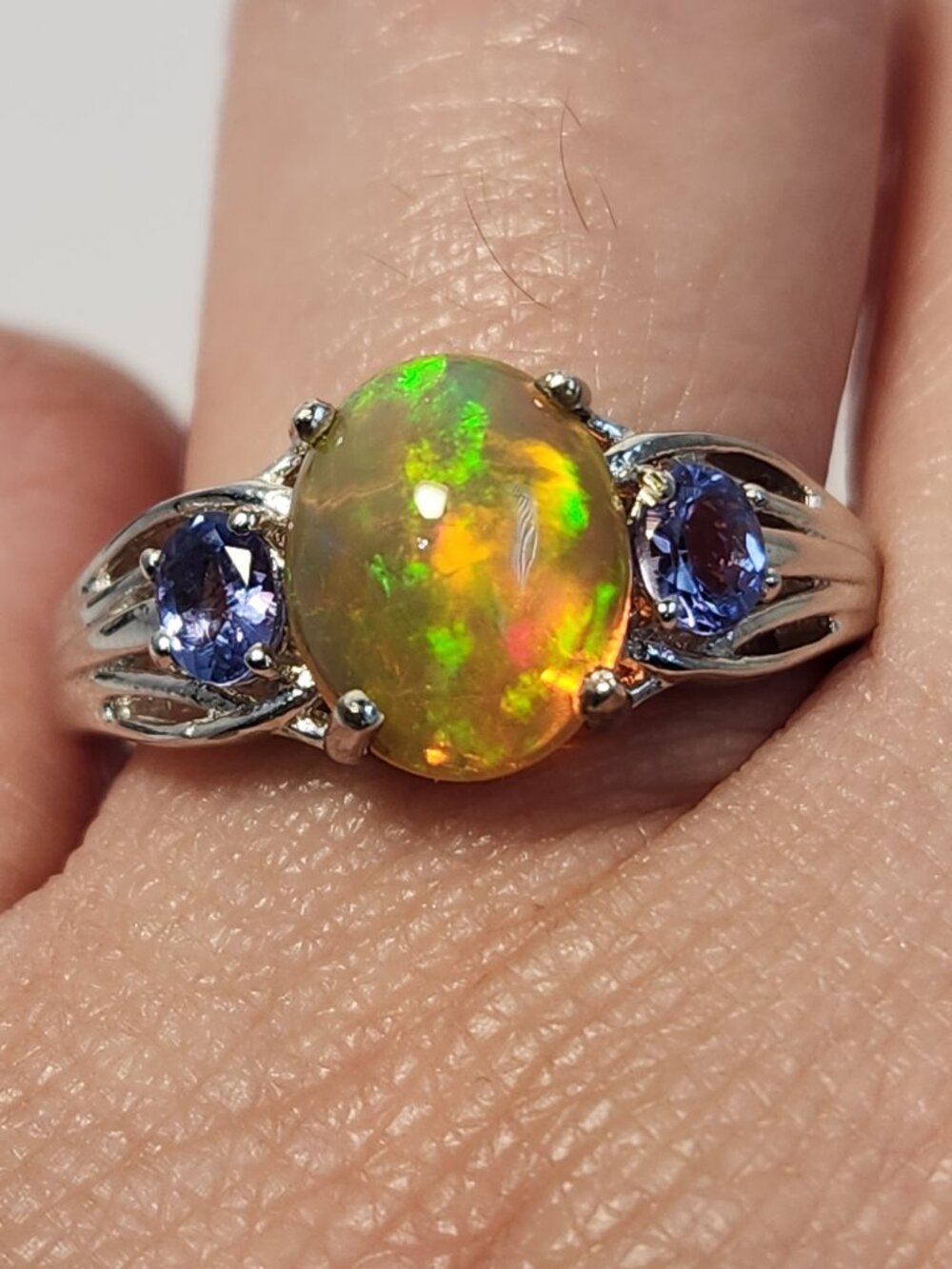 VTG Natural Fire Opal & Tanzanite WG/925 Statement Ring Sz 7 Signed!